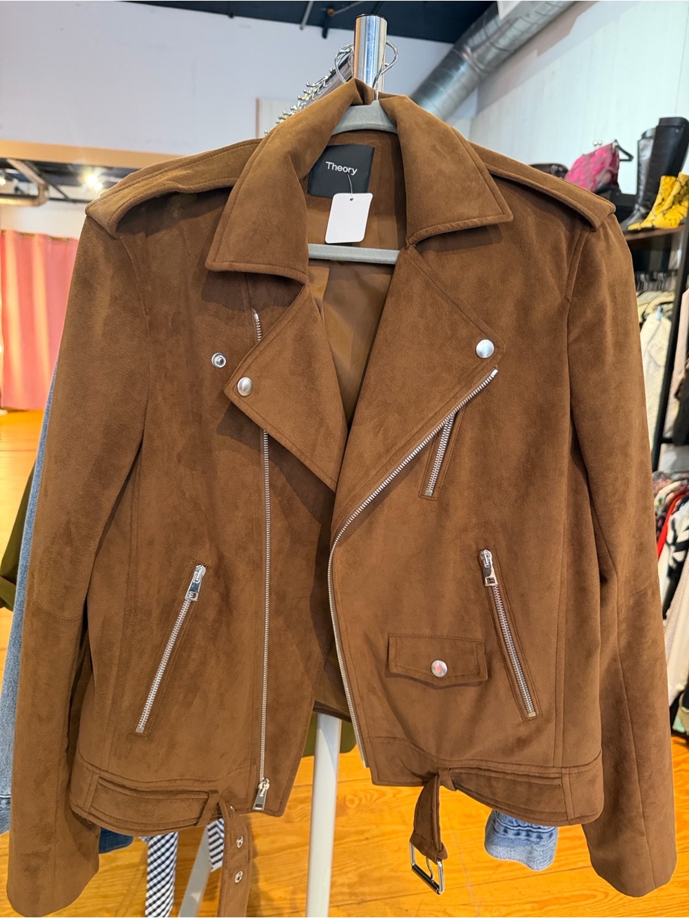 Theory Chestnut Suede Moto Jacket in Brown